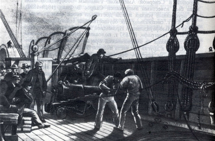 38. Сращивание атлантического кабеля на борту 'Грейт Истерн', 1865 г. Из книги В. Рассела 'Атлантический кабель' (1875). (Национальный морской музей)