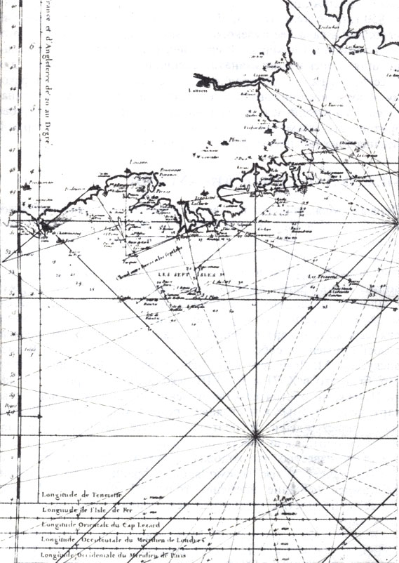 41. Деталь карты побережья Бретани из французского морского атласа (Le Neptune francois), имеющей несколько шкал долготы, примерно 1773 г. (с оригинала 1693 г.). (Национальный морской музей.)