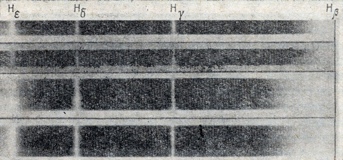Рис. 76. Четыре снимка спектров звезд с резко выраженными линиями серии Бальмера Hβ, Hγ, Hδ и Hε. Красный конец спектра справа, фиолетовый - слева