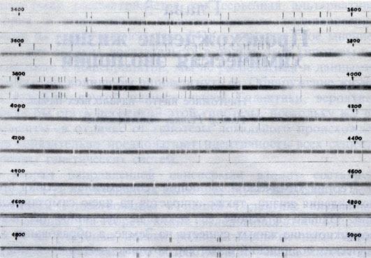 Рис. 6. Линии водорода в спектре яркой звезды Сириус. Этот спектр звезды (белые линии на темном фоне) сравнивается с двумя спектрами, полученными в лаборатории (темные линии на светлом фоне). Все самые яркие и широкие линии в спектре - линии водорода. (Фотографии сделаны на Маунт-Паломарской обсерватории.)